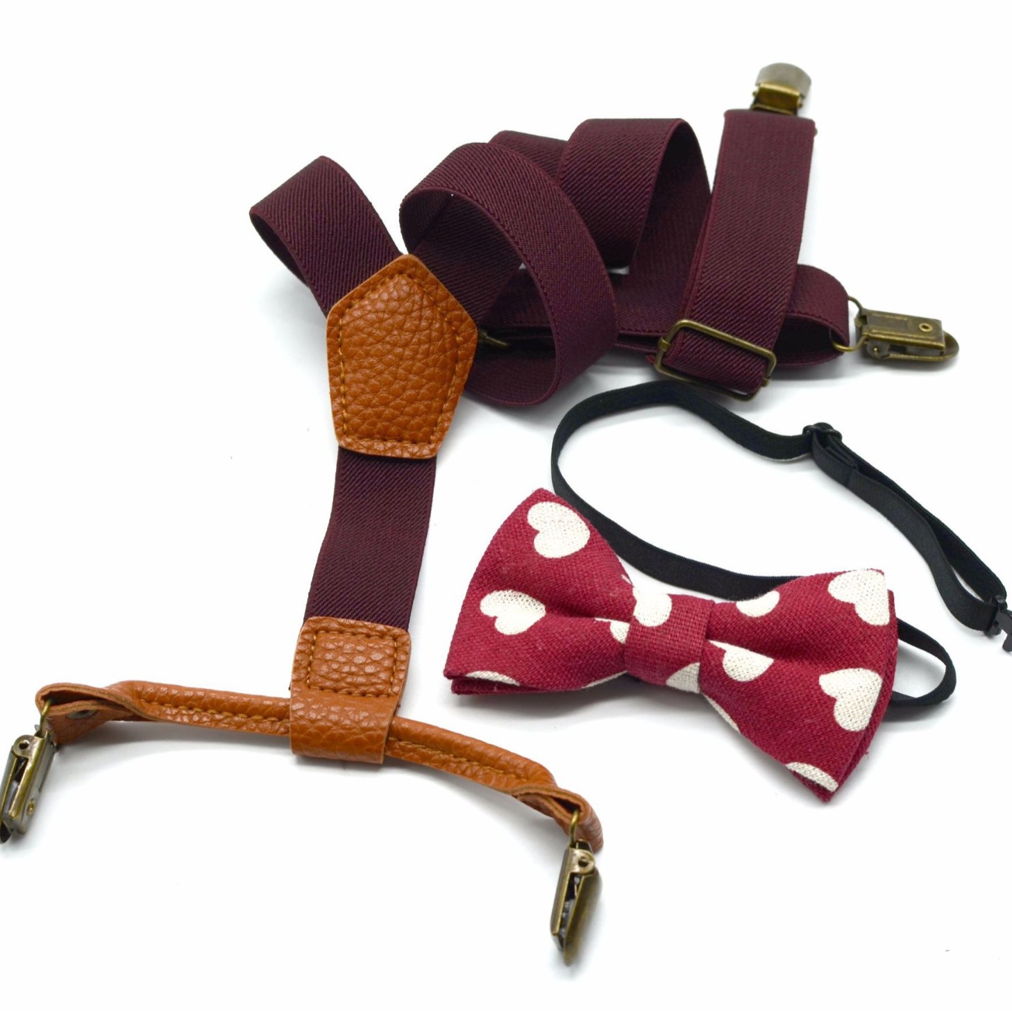 Cross-border source children's fashion solid color strap clip printed bow tie suit elastic strap 4 clip hanging pants clip