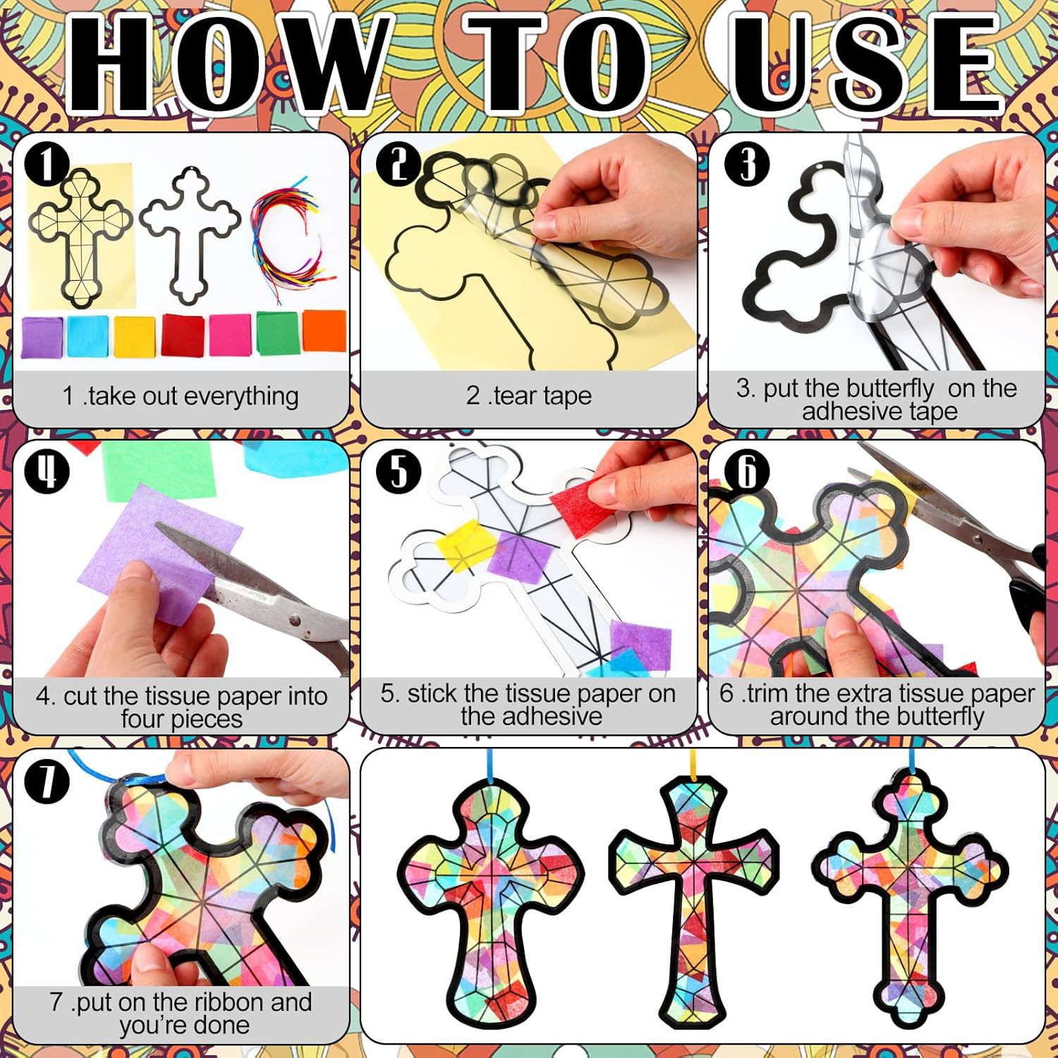 32Pcs Cross Shape Suncatcher Paper Art Set DIY Cross Shape Stained Glass Decoration
