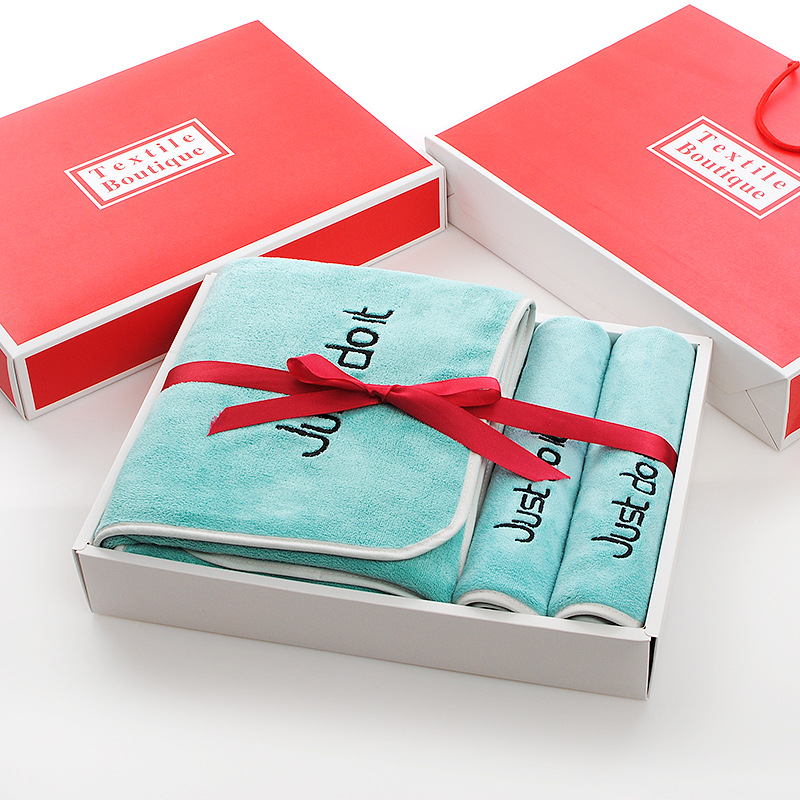 Towel and Bath Towel Gift Set, Three-Piece Set, Return Gift with Embroidered Logo, Birthday Banquet, Wedding Celebration, Souvenir Gift, Double Happiness Character Towel