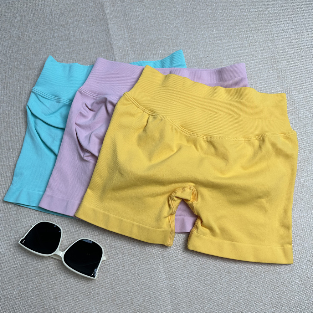 Dfyne Cross-Border Popular Candy-Colored Three-Section Waist Tight Pleated Seamless Three-Point Sports Yoga Shorts