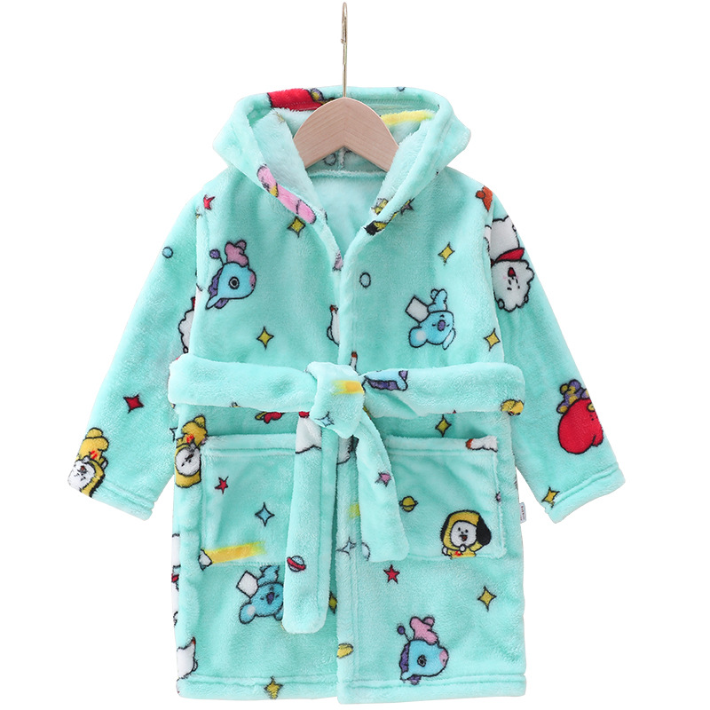Children's Bathrobe Pajamas, Winter Flannel Thickened and Lengthened Sleepwear, Home Wear for Young and Middle-Aged Children, Hooded Coral Fleece Loungewear