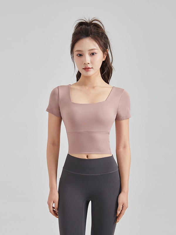New LULU Square Neck Yoga Short Sleeve Sports Tight Quick-drying Fitness Top with Chest Mat Yoga Clothes Women's Summer