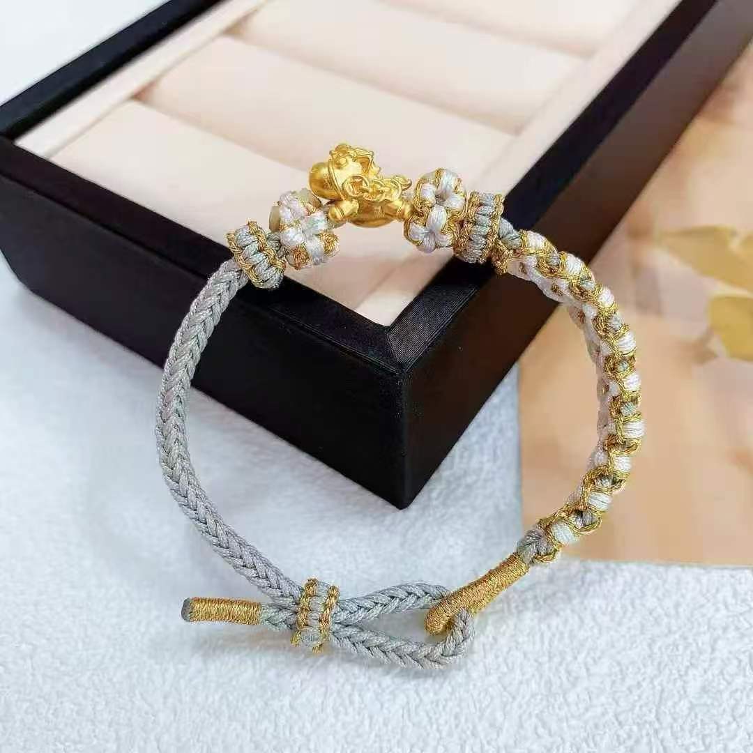 Gold Wholesale Pure Gold 999 Get Rich Immediately Men and Women Same Style Zodiac Horse Transfer Beads Gold Horse Bracelet Braided Rope