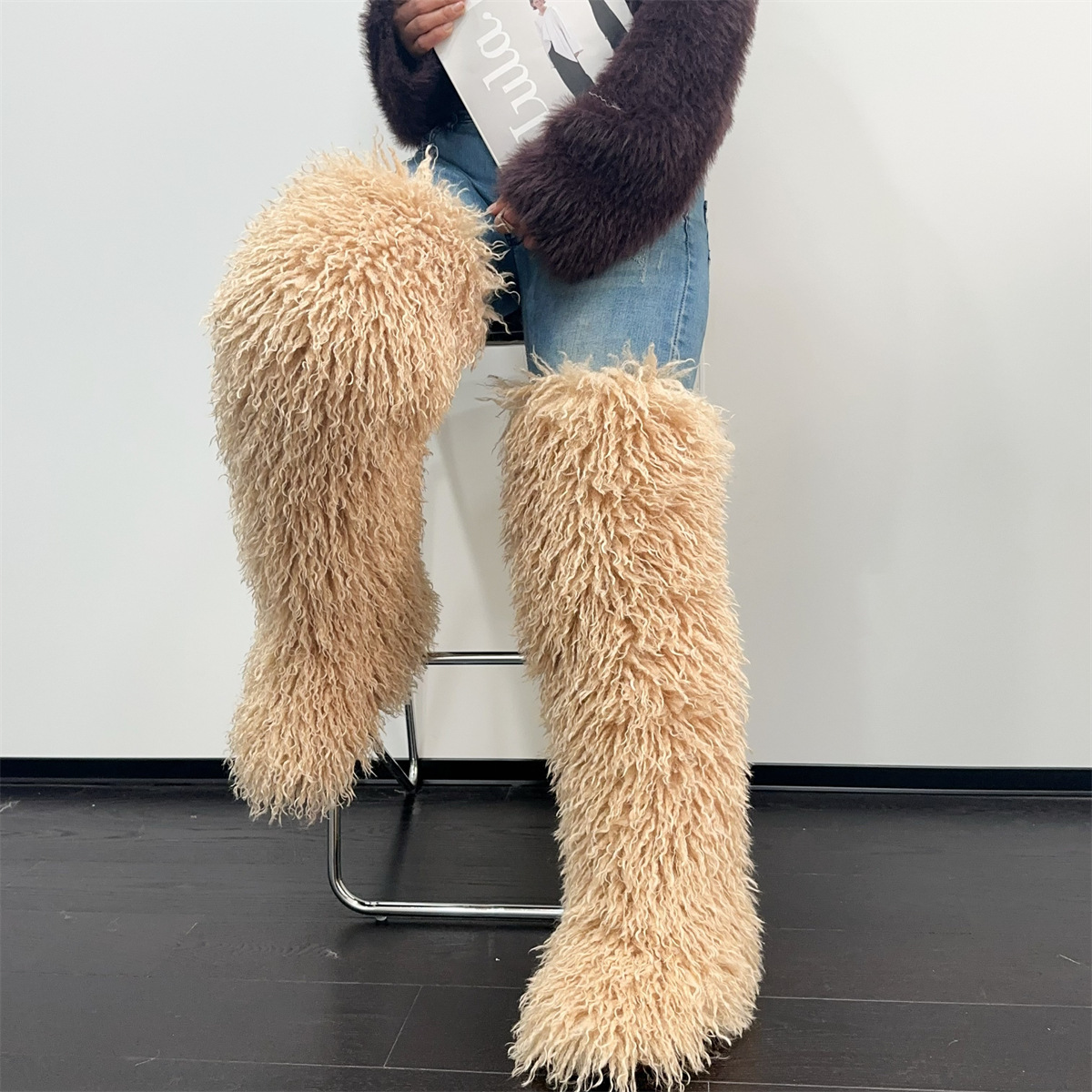 Super High-Quality Imitation Shearling Snow Boots, Imitation Raccoon Fur and Fox Fur Thigh High Boots