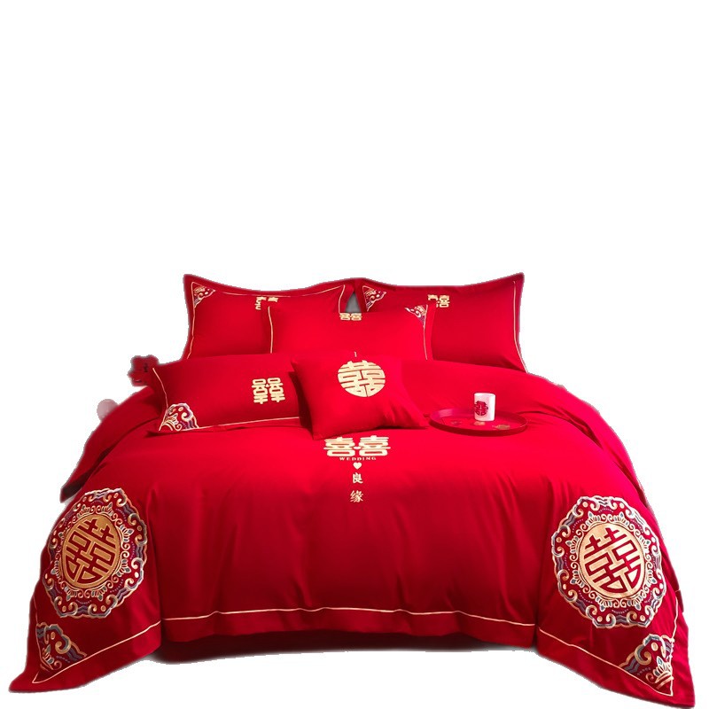 High-End Wedding Bedding Four-Piece Set Wedding Room Quilt Bed Sheets Quilt Cover Wedding Dowry Big Red Wedding Quilt Cover