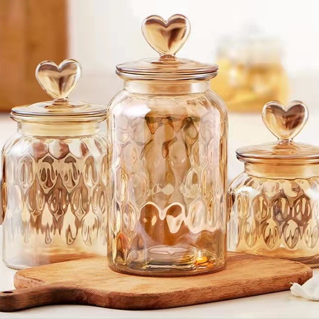 Glass Jar Sealed Jar Creative Storage Jar Love Cover Po Color Glass Bottle Kimchi Jar Transparent Glass Tea Jar