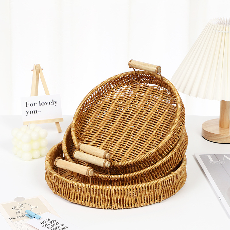 Rattan-like Fruit Plate Hand-woven Japanese Bread Basket Steamed Bread Basket Living Room Household Storage Basket Rattan-woven Binaural Tray