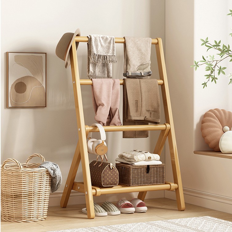 Folding Coat Rack, Bedroom Floor-Standing Clothes Rack, Bedside Clothes Rack, Bamboo Storage Rack for Clothes, Can Be Stored
