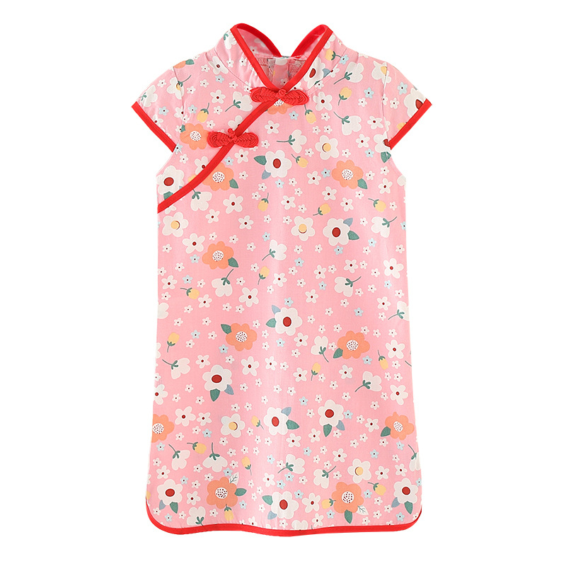 Tang Suit Ethnic Cheongsam Spring and Summer Dress Kidsren's Han Dynasty Improved Kidsren's Clothing Small and Medium-Sized Kidsren's Princess Dress Short-Sleeved Kidsren's Dress
