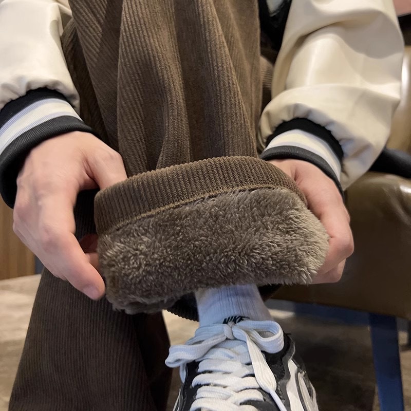 Corduroy Super Thick Cashmere Pants Men's fleece-lined Thickened Black Warm Winter Teenager One-piece Cashmere Wide-leg Pants