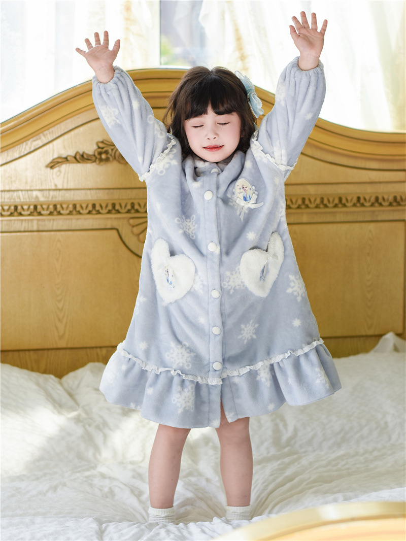 Elsa Autumn and Winter Girls' Flannel Coral Fleece Loungewear Pajama Set Robe Elsa Dress Princess Cute Style