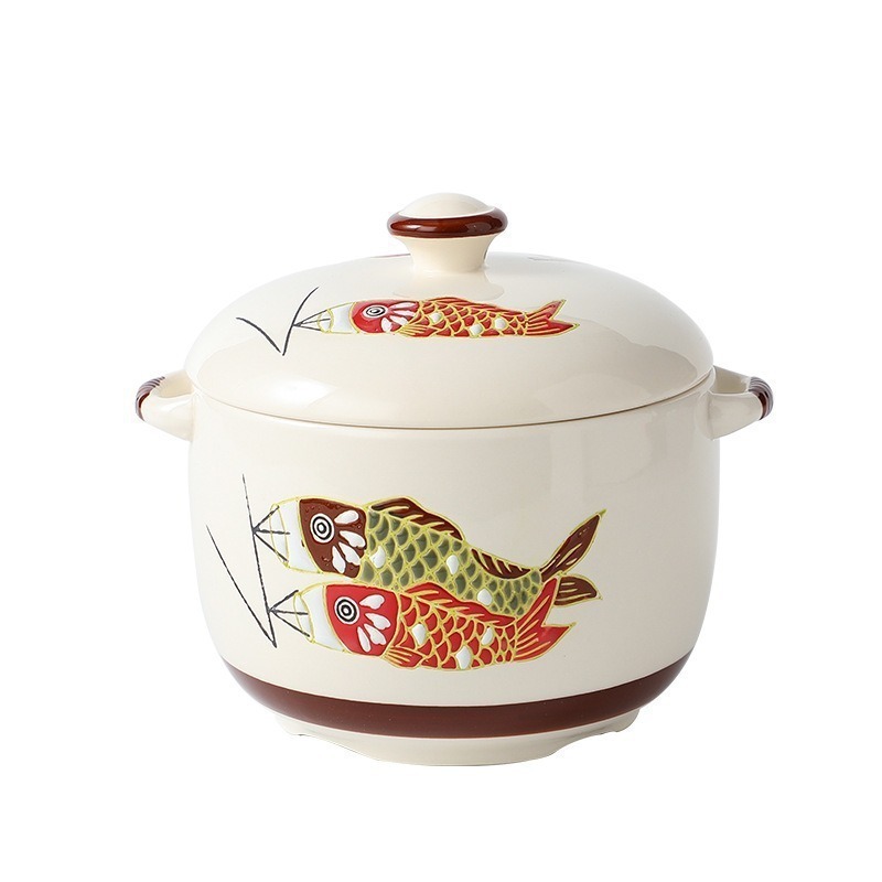 Japanese Underglaze Ceramic Stew Pot Hand-Painted Carp Relief Water-Proof Stew Pot with Lid Buddha Jumping Wall Dessert Bird's Nest Soup Cup