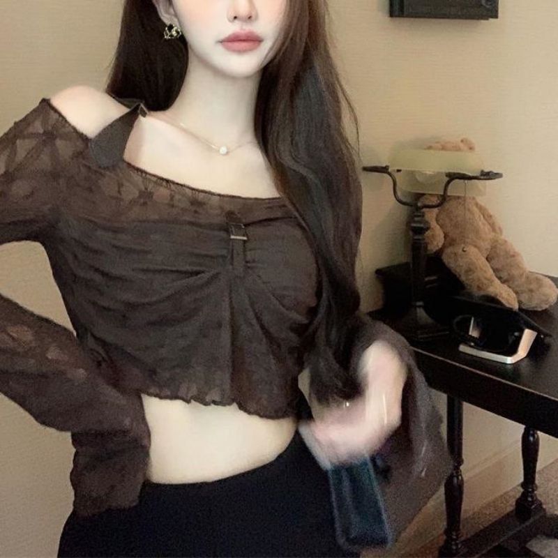 2025 Summer Hot Girl One Shoulder Thin Long Sleeve Women's Chic Short Hot Girl Pleated Sun Protection Shirt Top Women's Clothing