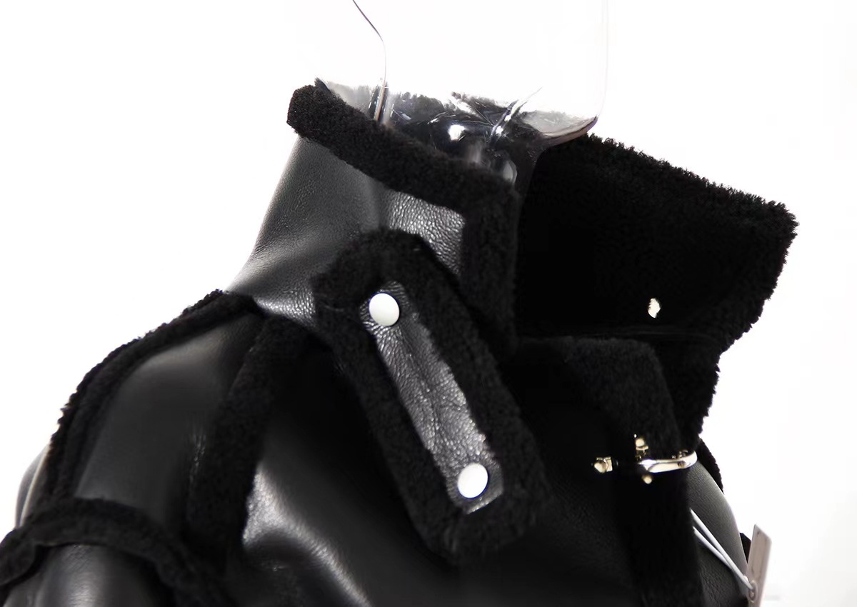 Looking for a factory winter design sense aircraft buckle loose padded fur one stand collar short PU leather motorcycle jacket