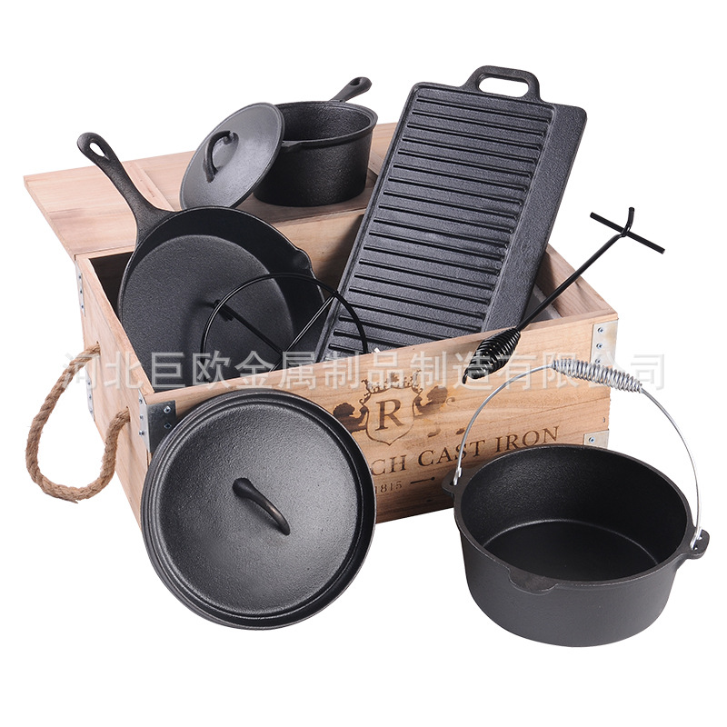 Outdoor pot set combination cast iron pot camping pot cast iron Dutch pot wooden box suit picnic tableware set camp