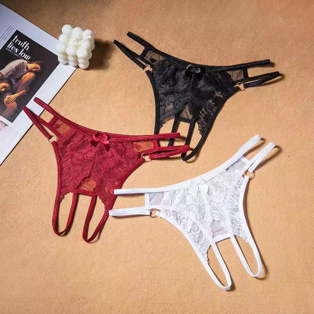 Sexy Panties with Open Crotch, No Need to Take Off, Tearable Lace See-Through Thong, Bed Temptation, Flirting Metal Ring Sexy T-Pants