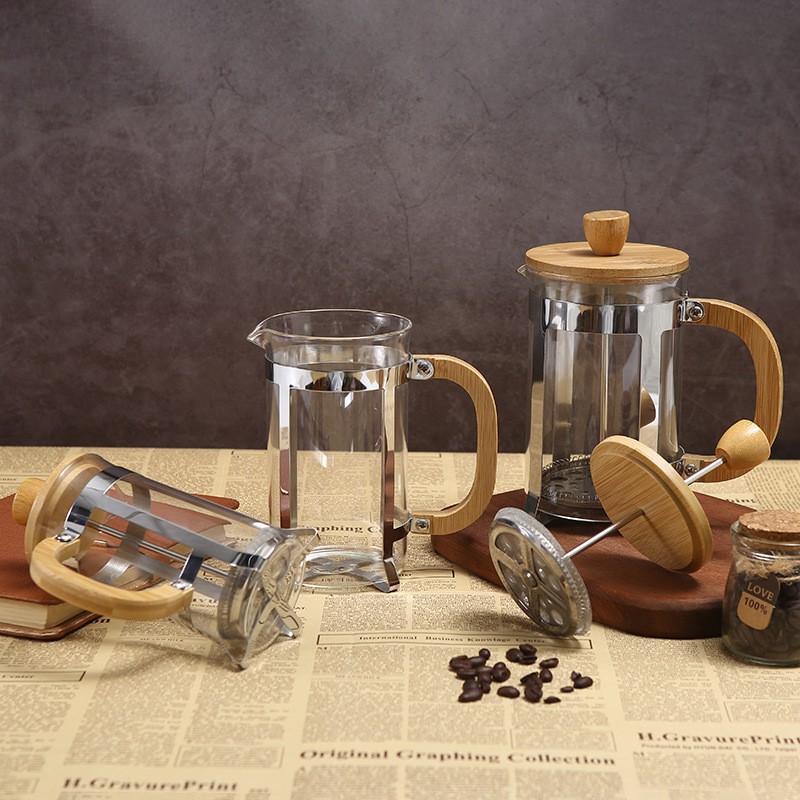 French Press Pot, High Borosilicate Glass, French Press Pot, Coffee Making Utensil, Tea Maker, Iron Frame, Bamboo Wood Cover, French Press Pot