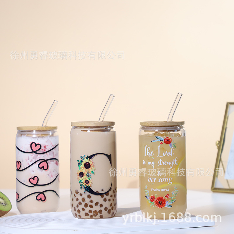 Cross-border 16oz Coke Cup Slip Cup Borosilicate Glass Cup Milk Tea Cup with Lid Juice Cup Coke Cup Set