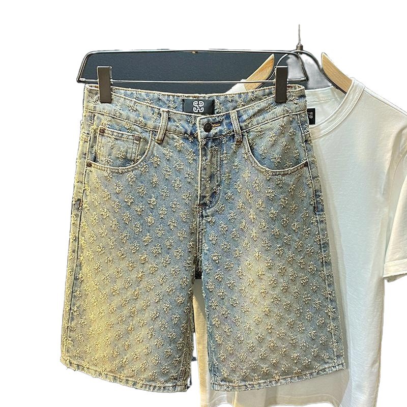 2025 American New Style Denim Shorts Men's Summer Loose Straight Ripped Jacquard High-End Five-Point Medium Pants