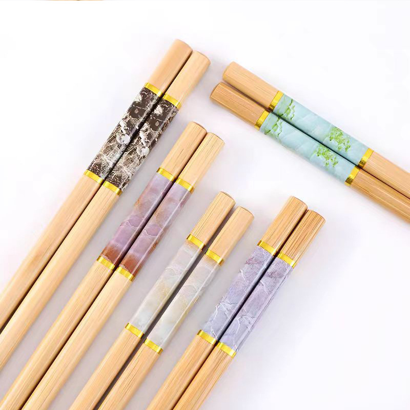 Five-color Marble Printed Chopsticks in Bulk Wholesale Carbonized Without Holes, Heat Transfer, 10 Pairs of Printed Bamboo Chopsticks