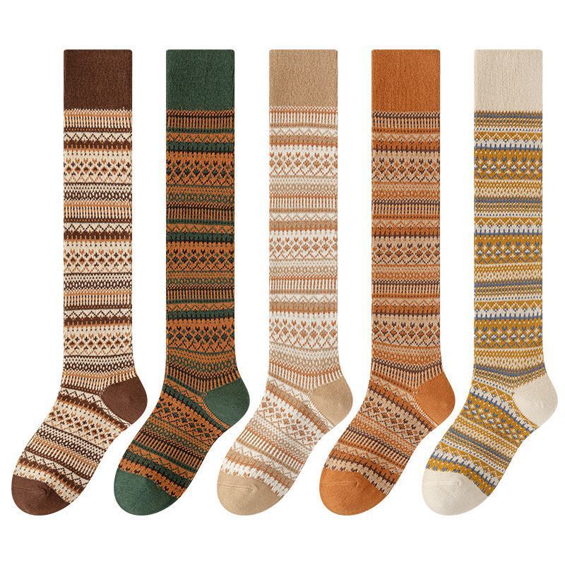 Женские носки до икры осень и зима, хлопковые высокие носки корейского стиля, модные тонкие японские носки в этническом ретро стиле