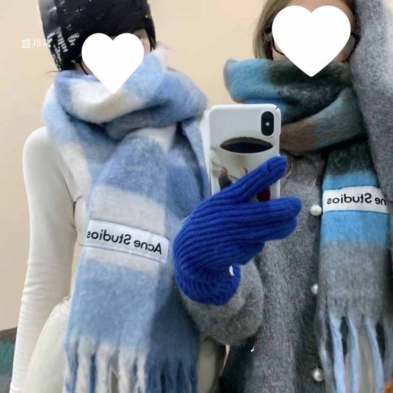 Autumn and Winter New Thickened Warm Rainbow-Colored Plaid Scarf European and American Loop Yarn Thick Tassel Color-Blocking Shawl Universal