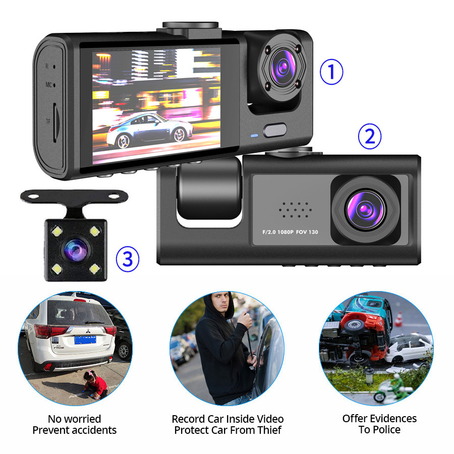 C309 HD 1080p 2-inch screen driving recorder 3-way three-lens parking monitoring with night vision car DVR