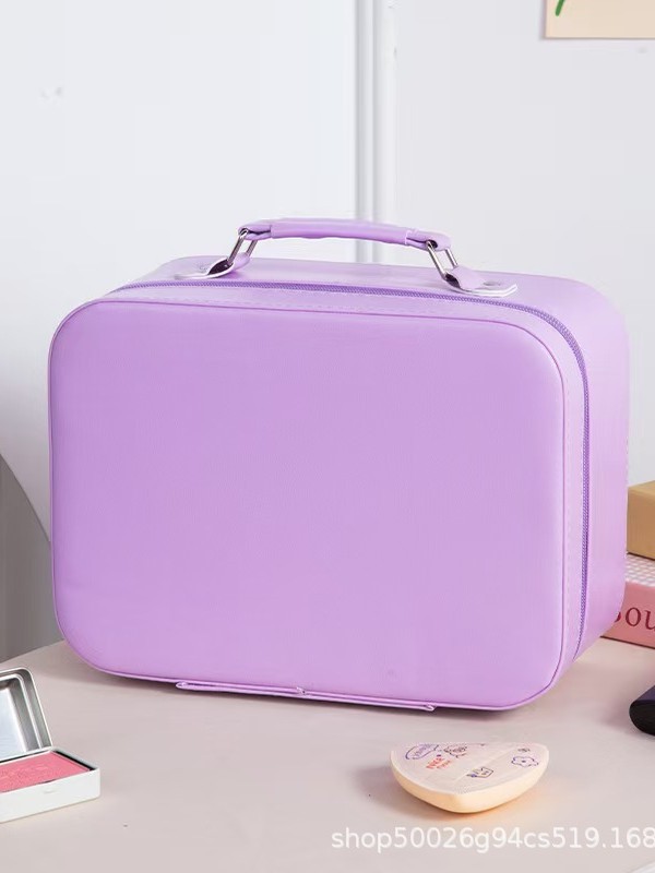 Cross-Border Fashion Solid Color Makeup Case with Mirror Wholesale Pu Waterproof Large Capacity Portable Makeup Storage Bag for Women