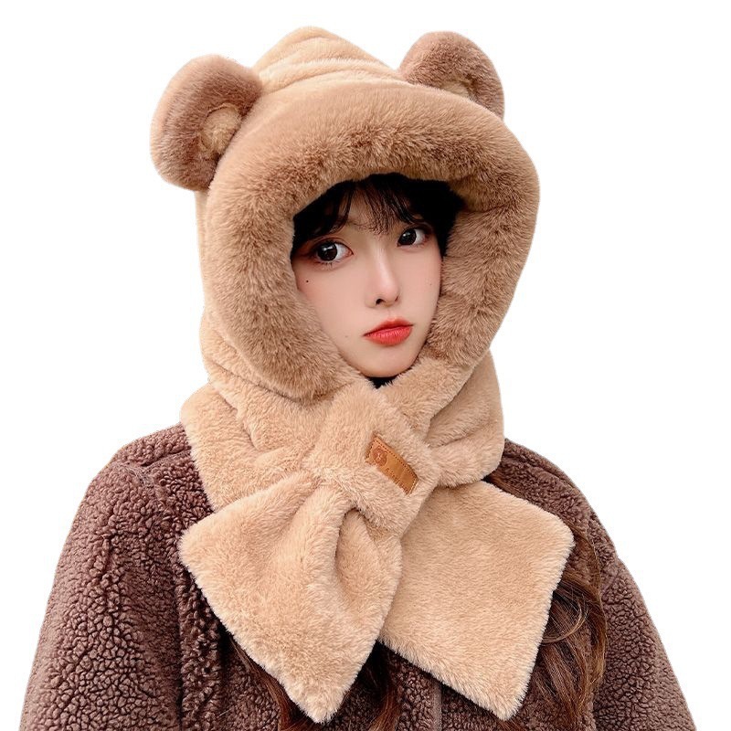 Winter Warm Scarf One-piece Hooded Bear Hat Children's Riding Cold-proof Ear Protectors Cute Plush Scarf Cap