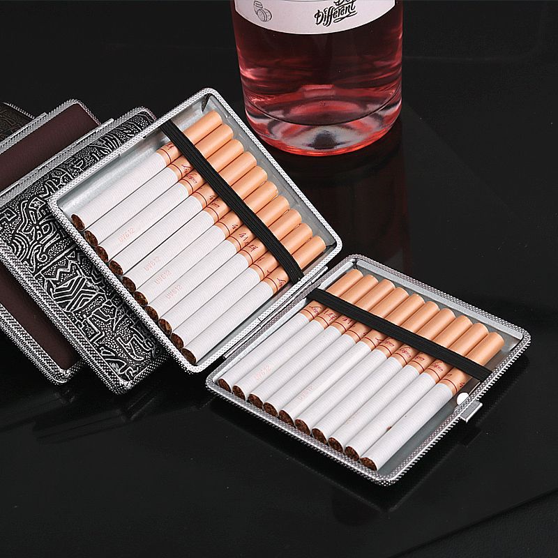 Wholesale leather pattern cigarette case men's boutique lightweight 20 metal stick leather cigarette case cigarette holder factory direct smoking set