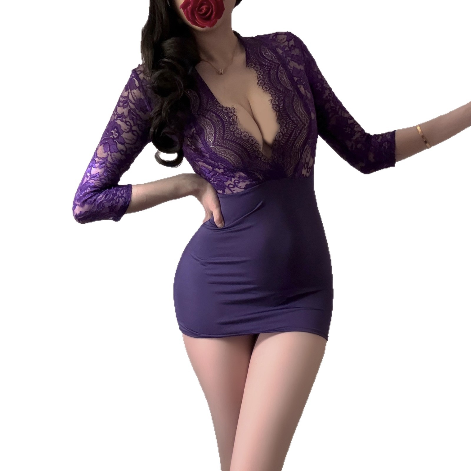 Purple Alluring Plus-Size Lingerie Sexy European and American Deep V See-Through Lace Uniform Seductive Secretary Dress Bodycon Skirt