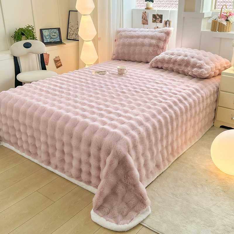 Nantong Home Textile Bed 2025 New Thickened Solid Color Rabbit Fur Plush Bubble Single Bed Sheet Group Buying Wholesale