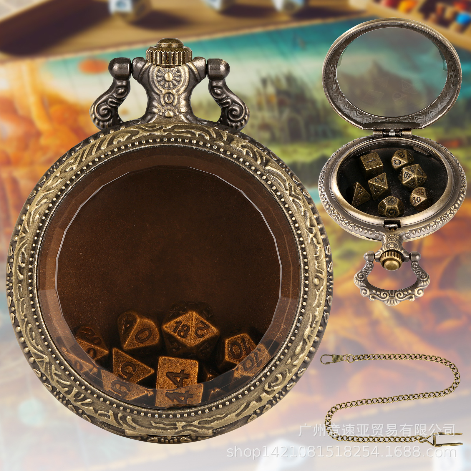 2024 New Dnd Dice Pocket Case Bronze Brown Glass Pocket Case Thick Waist Chain Jewelry Dropshipping
