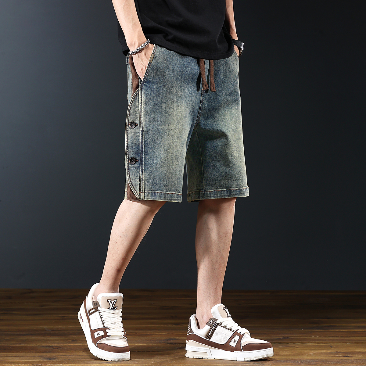 American Retro Workwear Denim Shorts Men's Summer New Loose Wide-Leg Heavy Casual Splicing Five-Point Pants