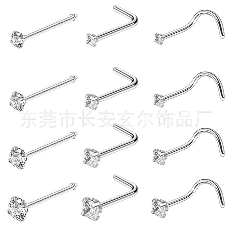 Stainless Steel 7-Shaped 5-Shaped Straight Nose Nail Inlaid with Zircon Cross-Border Popular L-Rod Curved Rod Straight Nose Ring Body Piercing Factory