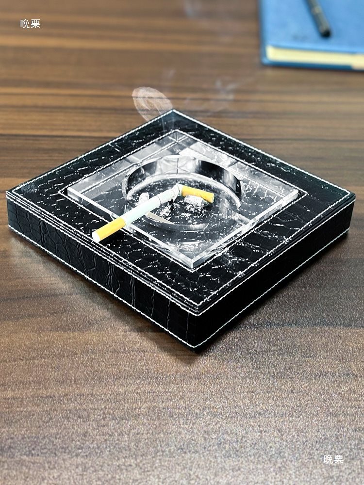 Pu Leather Fashion Creative Large Ashtray Crystal Cylinder Glass Ashtray Home Office Business Gift Cigarette Slot