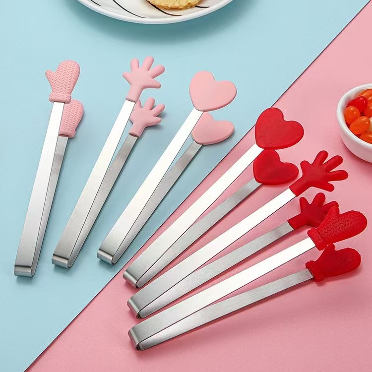 Factory in stock mini stainless steel silicone ice clip heart-shaped food clip palm silicone food clip sugar clip ice clip