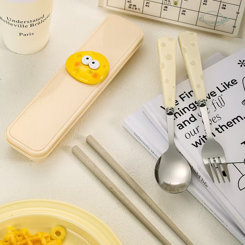 [Cheese Tableware Three-Piece Set] Light Luxury Spoon, Fork, Chopsticks, Tableware Set, Portable Storage Box for Students and Kidsren
