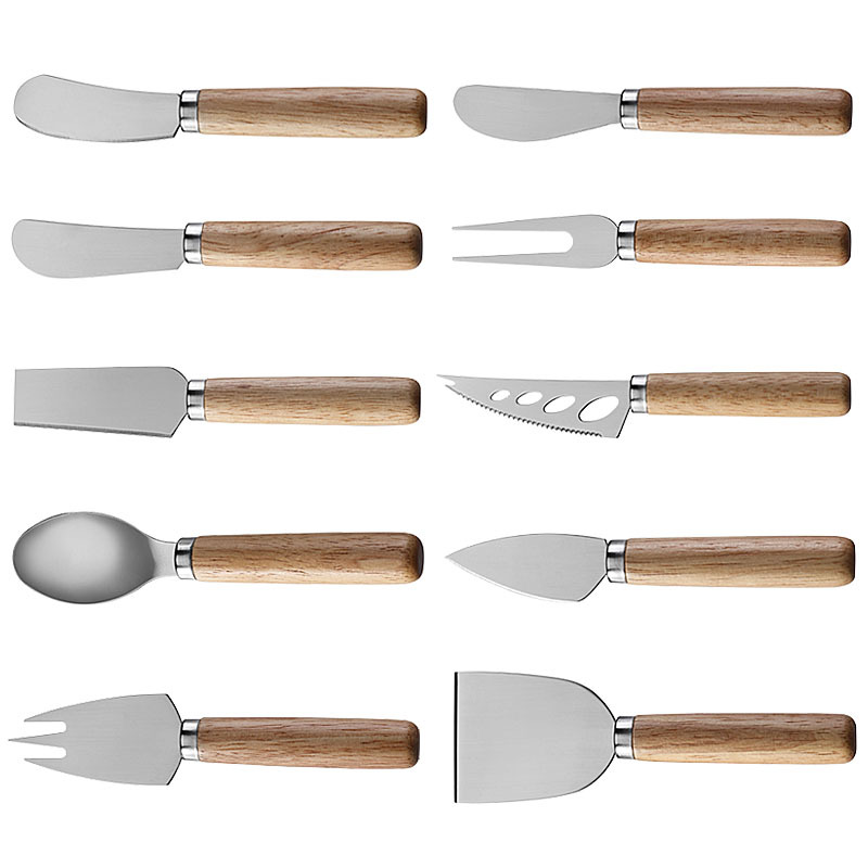 Cross-border in stock Stainless Steel Cheese Tool Rubber Wooden Handle Cheese Knife Cheese Knife Household Burease Knife and Fork