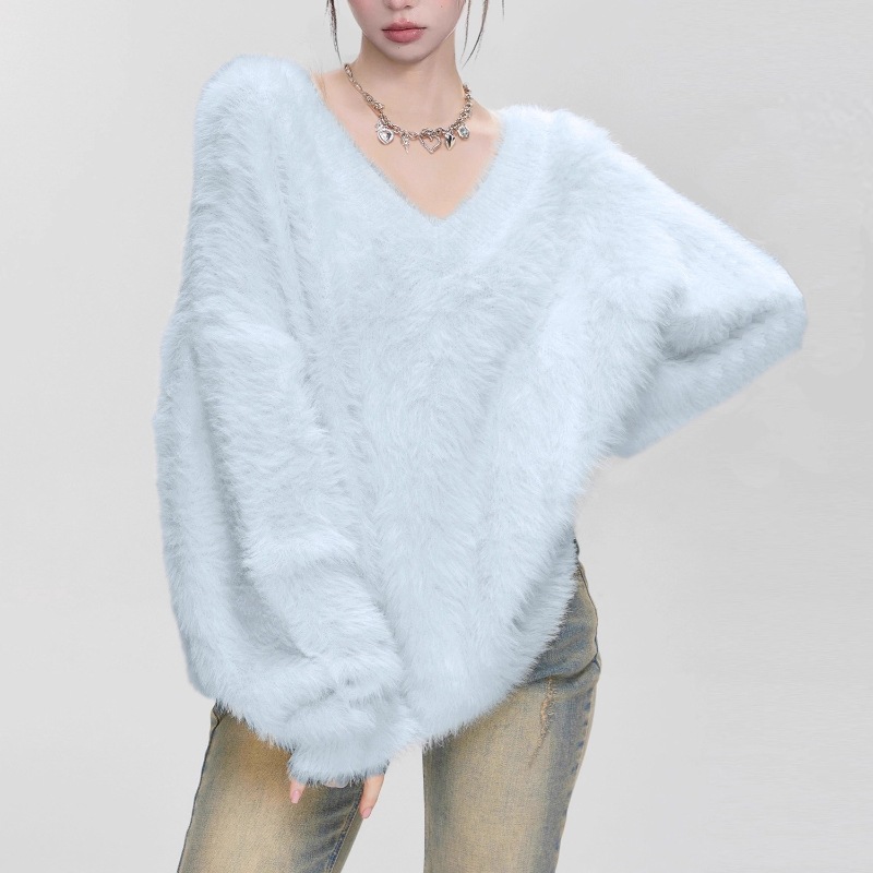 Milk Fufu White Mink Velvet V Neck Pullover Knitwear for Women in Autumn and Winter with Soft and Waxy Lazy Style Loose Knitwear