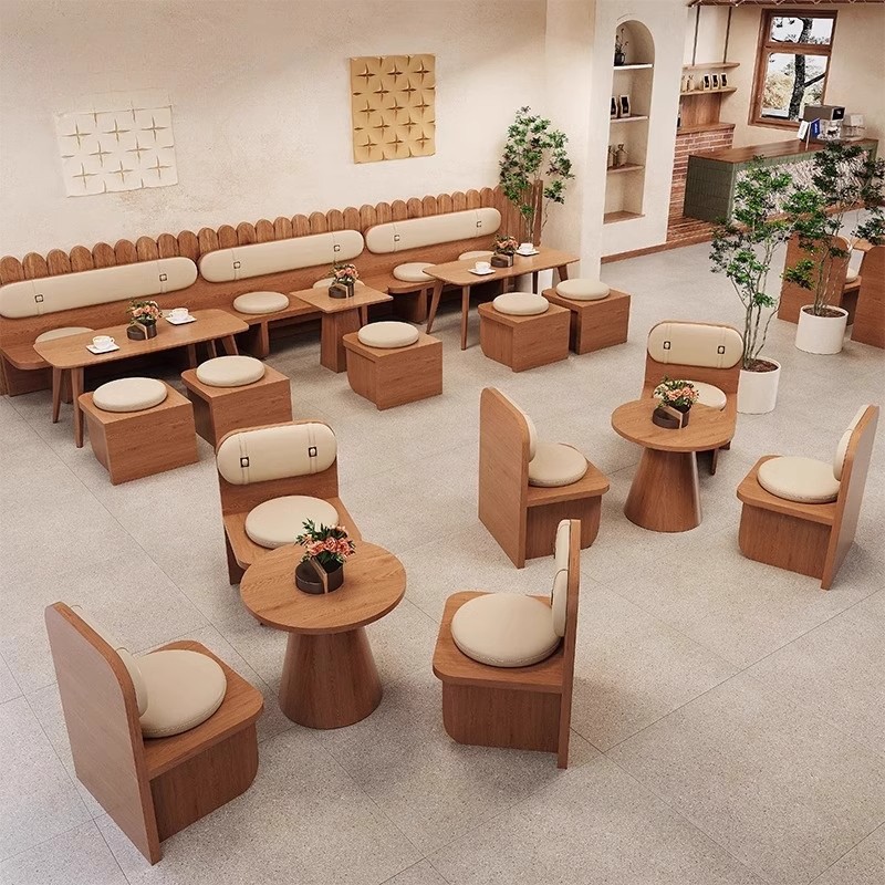 Milk Tea Shop Table and Chair Combination Sofa Card Seat Coffee Shop Dining Table Commercial Bar Catering Tea House Wall Solid Wood Seat