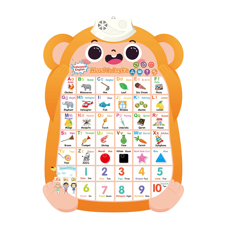 Small monkey shape foreign trade hot Indonesian English bilingual letters animal fruit numbers point reading audio wall chart