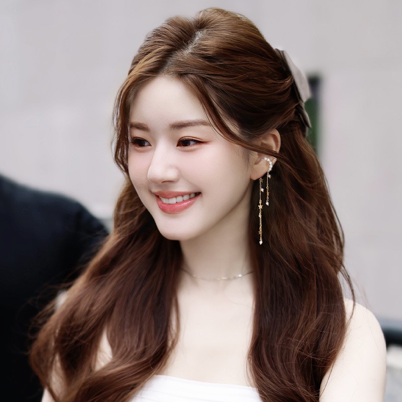 Pearl Star Tassel Ear Clip Women's Fashionable Stylish Long Pierced Earrings Simple and Exquisite Versatile Ear Hooks