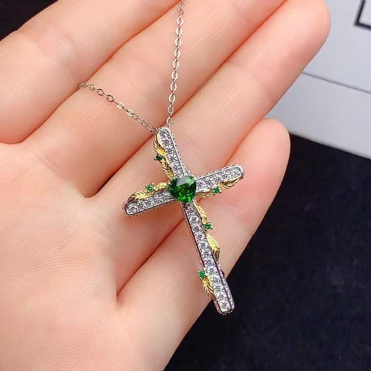 925 Sterling Silver Inlaid Topaz Diopside Citrine Pendant Brooch Cross Pendant Accessible Luxury Niche Fashion Color