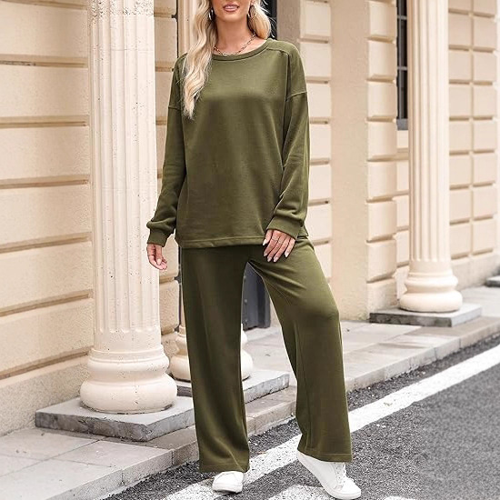 Новый повседневный домашний комплект на осень и зиму 2025 года, однотонный свободный топ с круглым вырезом, эластичные широкие брюки с карманами, два предмета