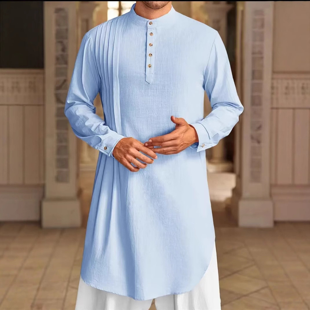 2025 New Muslim Middle Eastern Arab Malaysia Men's Button Cotton and Linen Shirt Muslim Robe