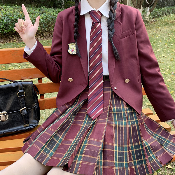 Original Burgundy Short Blazer with Hawthorn Tree Jk Plaid Skirt Set, Autumn and Winter College Style Japanese Uniform Suit