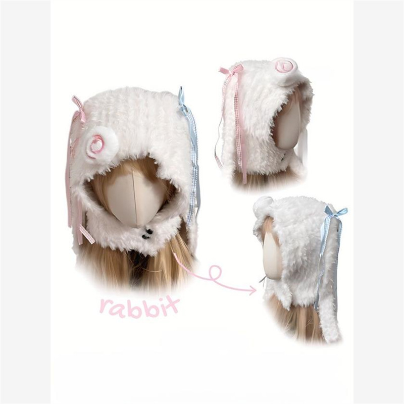 Autumn and winter knitted hat y2k cute color contrast hat balaclava wrap hat knitted hairy rabbit ear hat