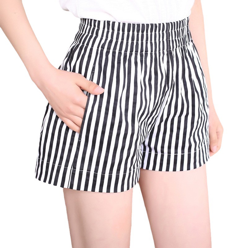 Vertical Stripesd High-Waisted Wide-Leg Pants for Outer Wear, Beach Summer Women's Shorts for Fat Mm, Large Size Casual Hot Pants for Students to Look Slim and Trendy