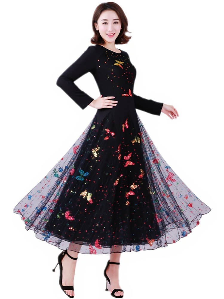 Modern Dance Skirt Dress, Large Hem Skirt, Long-Sleeved Performance Clothing, Ballroom Dance Performance Clothing, Modern Dance